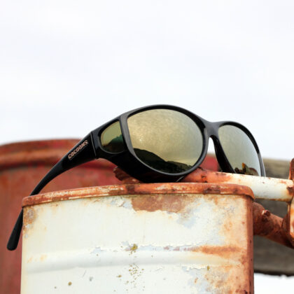 Large cat-eye fitover sunglasses with polarized gold mirror lenses